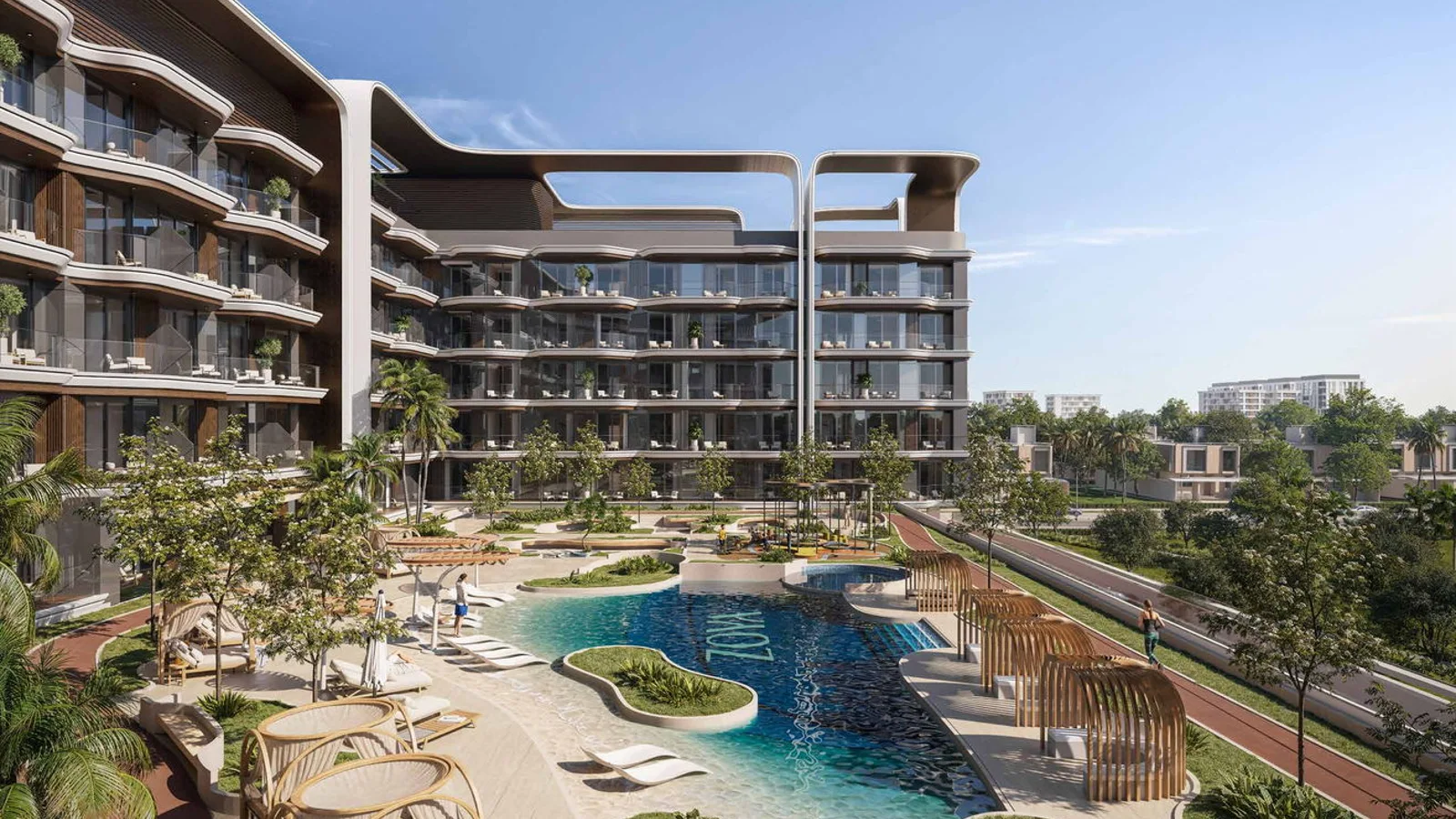 Mirari Lagoon residential courtyard with lagoon-inspired pool and running track