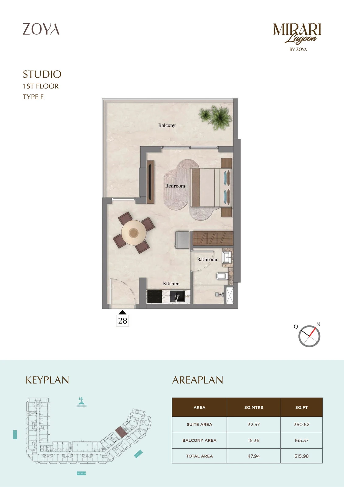Mirari Lagoon studio apartment Type E floor plan for First Floor, 515.98 sq ft