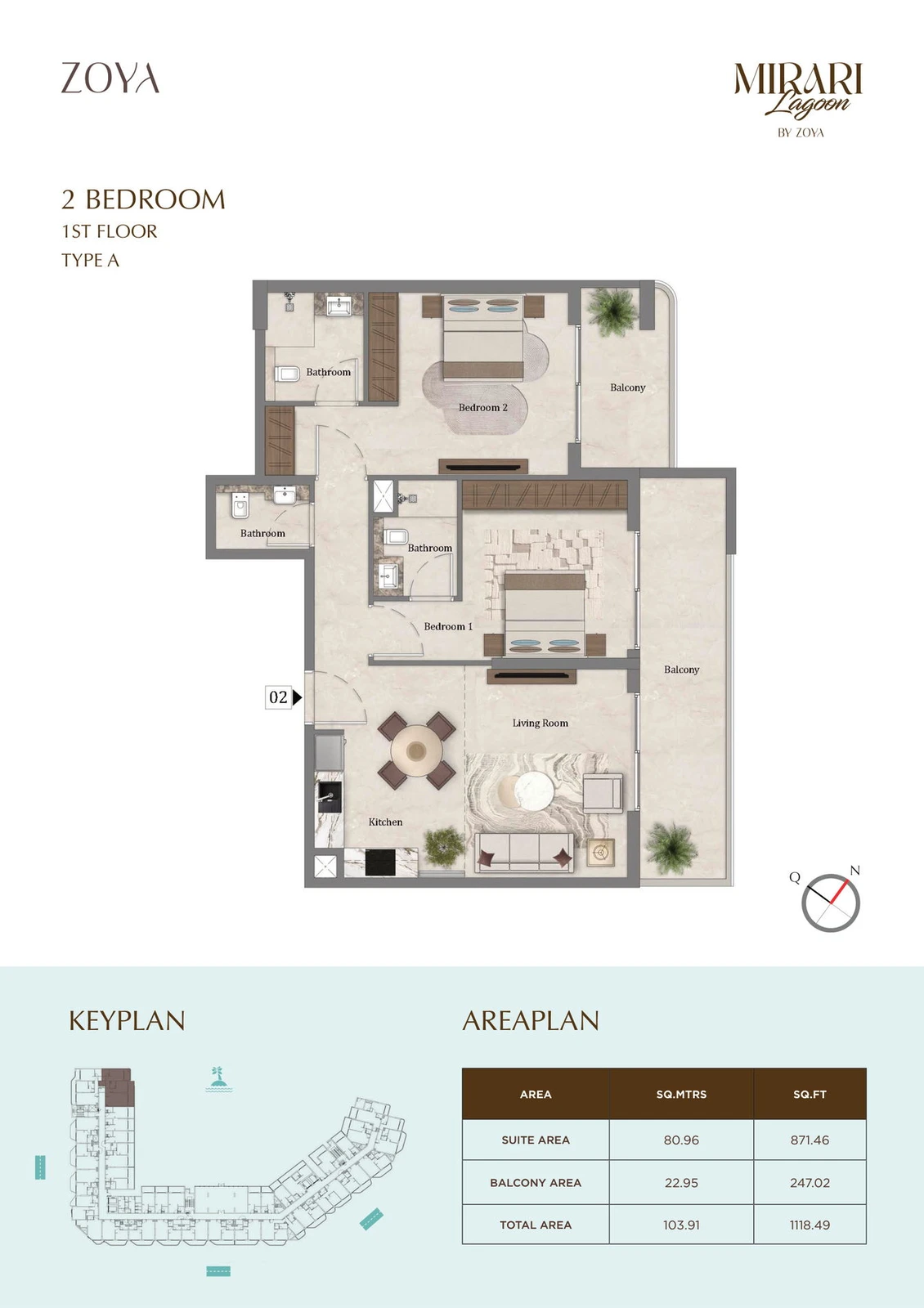 Mirari Lagoon 2 bedroom apartment Type A floor plan for First Floor, 1,118.49 sq ft