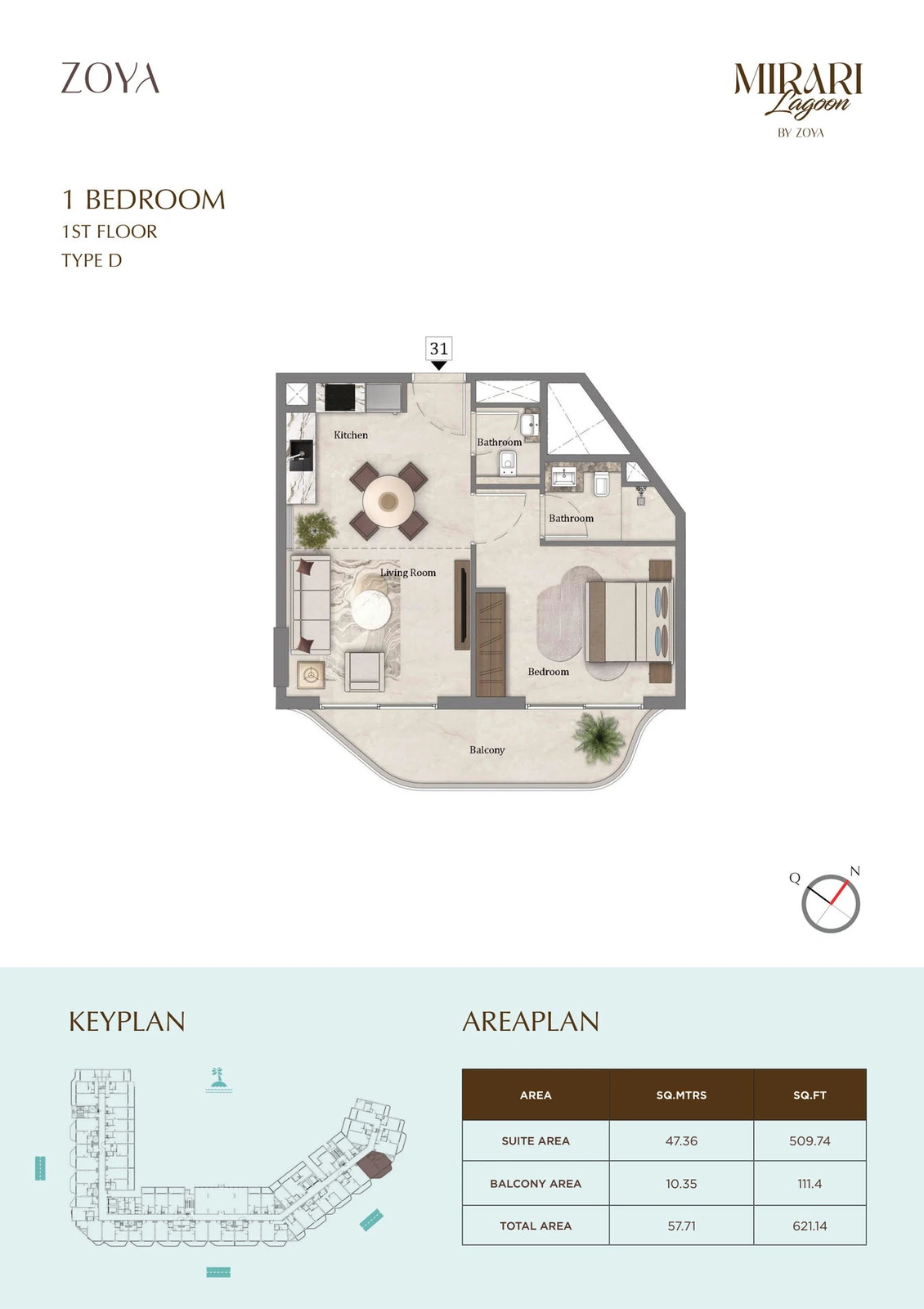 Mirari Lagoon 1 bedroom apartment Type D floor plan for First Floor, 621.14 sq ft