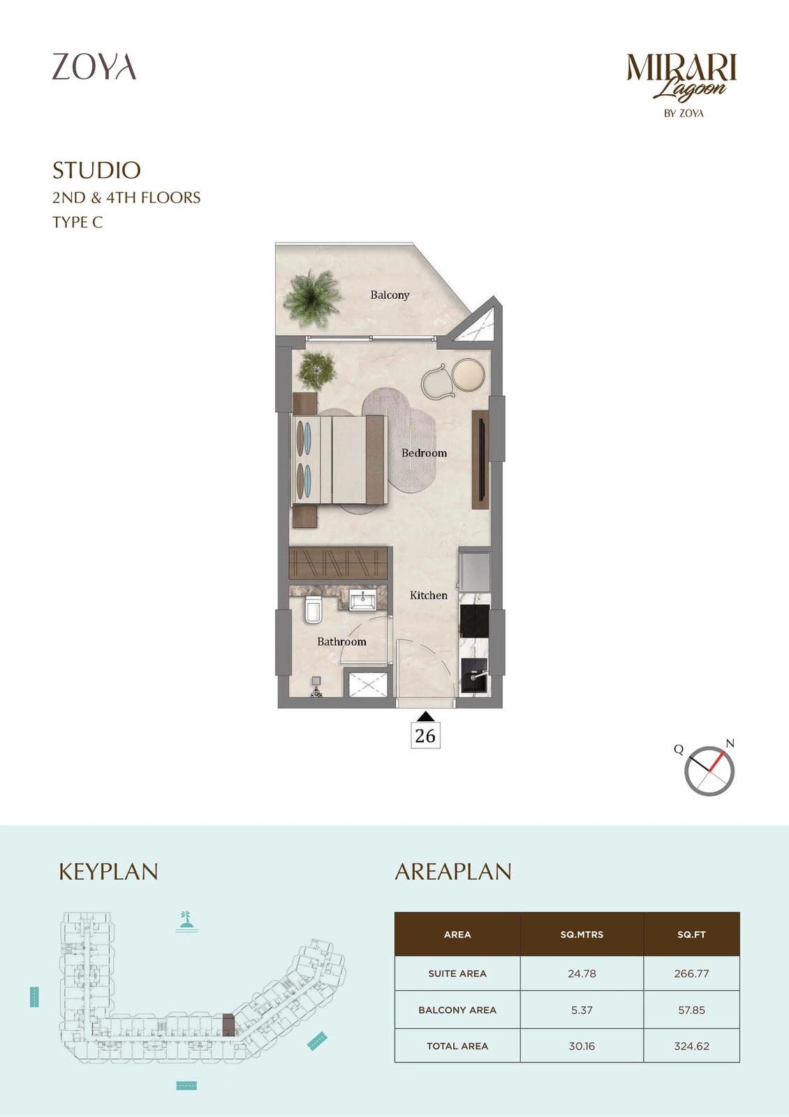 Mirari Lagoon studio apartment Type C floor plan for Second & Fourth Floors, 324.62 sq ft