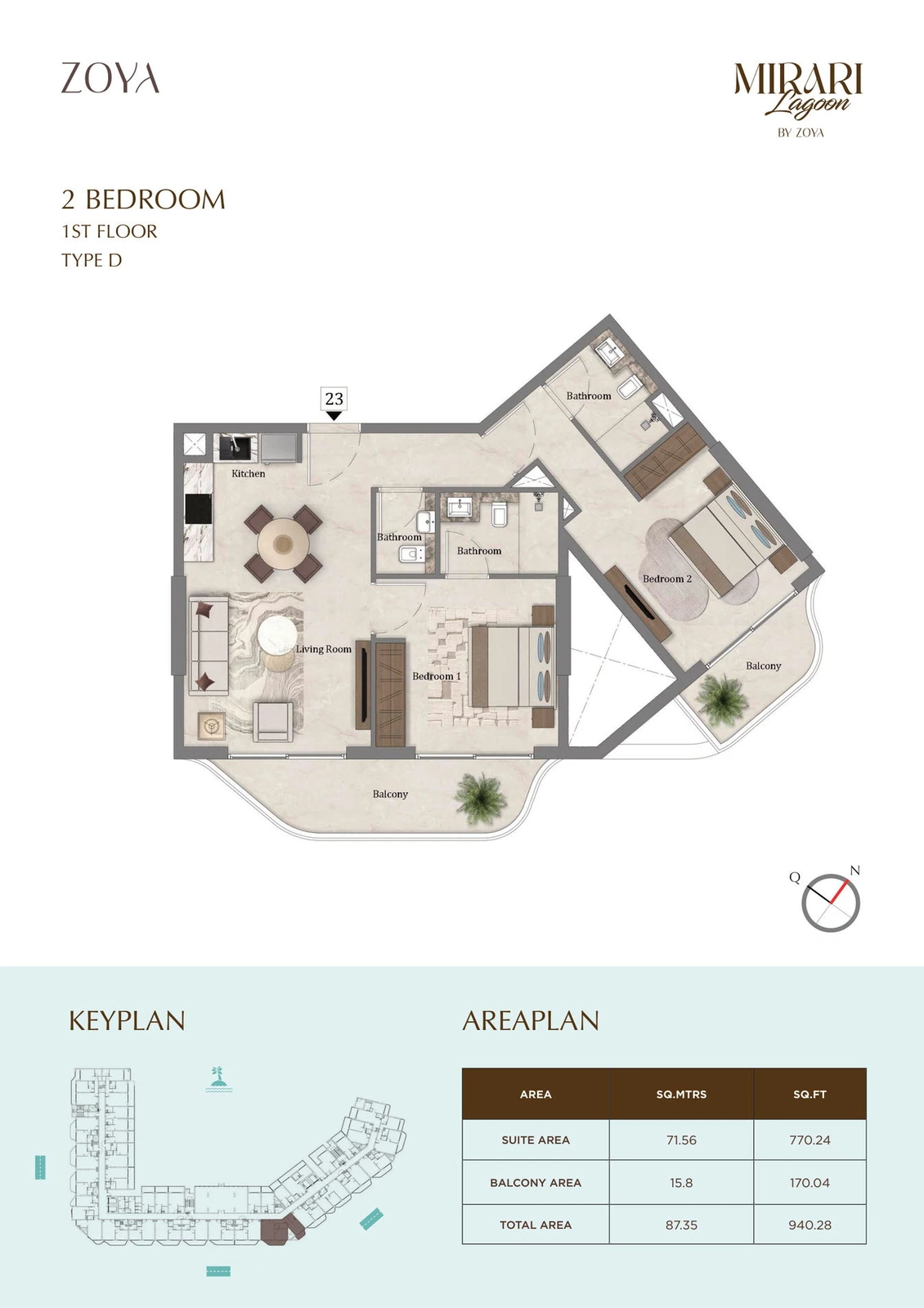 Mirari Lagoon 2 bedroom apartment Type D floor plan for First Floor, 940.28 sq ft