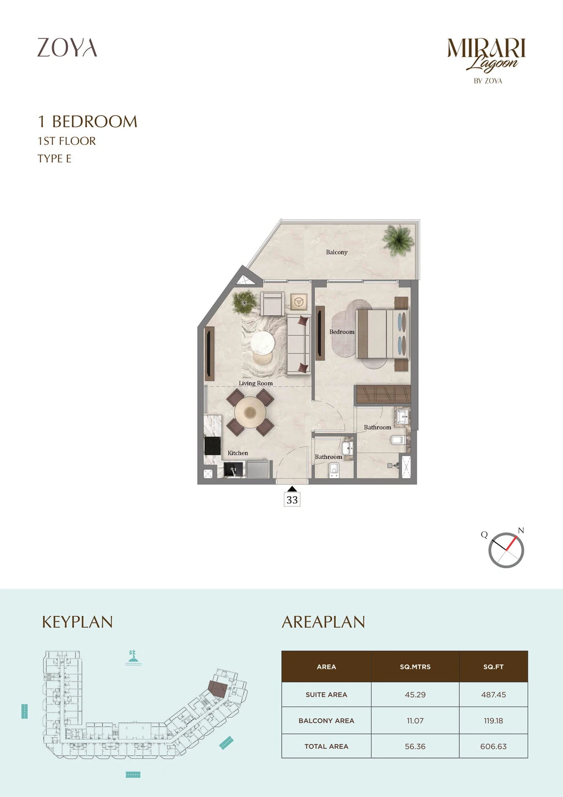 Mirari Lagoon 1 bedroom apartment Type E floor plan for First Floor, 606.63 sq ft