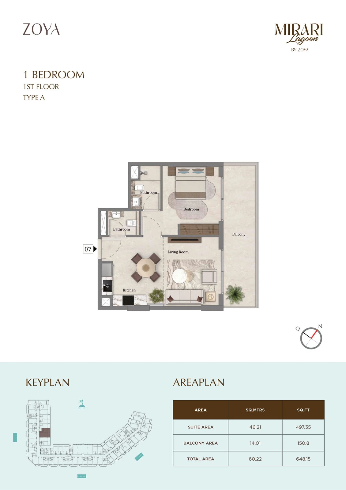 Mirari Lagoon 1 bedroom apartment Type A floor plan for First Floor, 648.15 sq ft