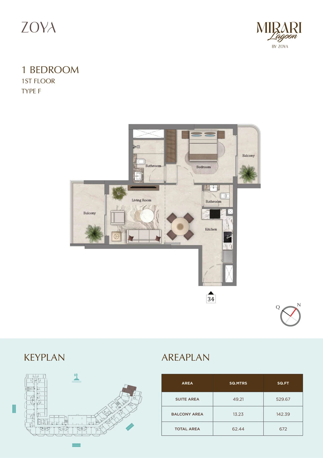 Mirari Lagoon 1 bedroom apartment Type F floor plan for First Floor, 672.00 sq ft
