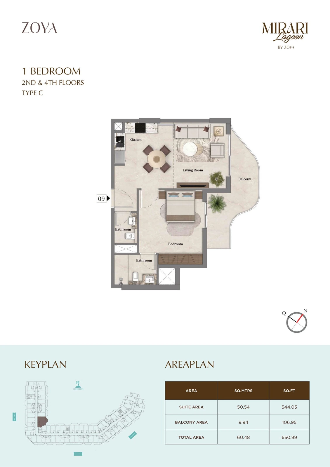 Mirari Lagoon 1 bedroom apartment Type C floor plan for Second & Fourth Floors, 650.99 sq ft