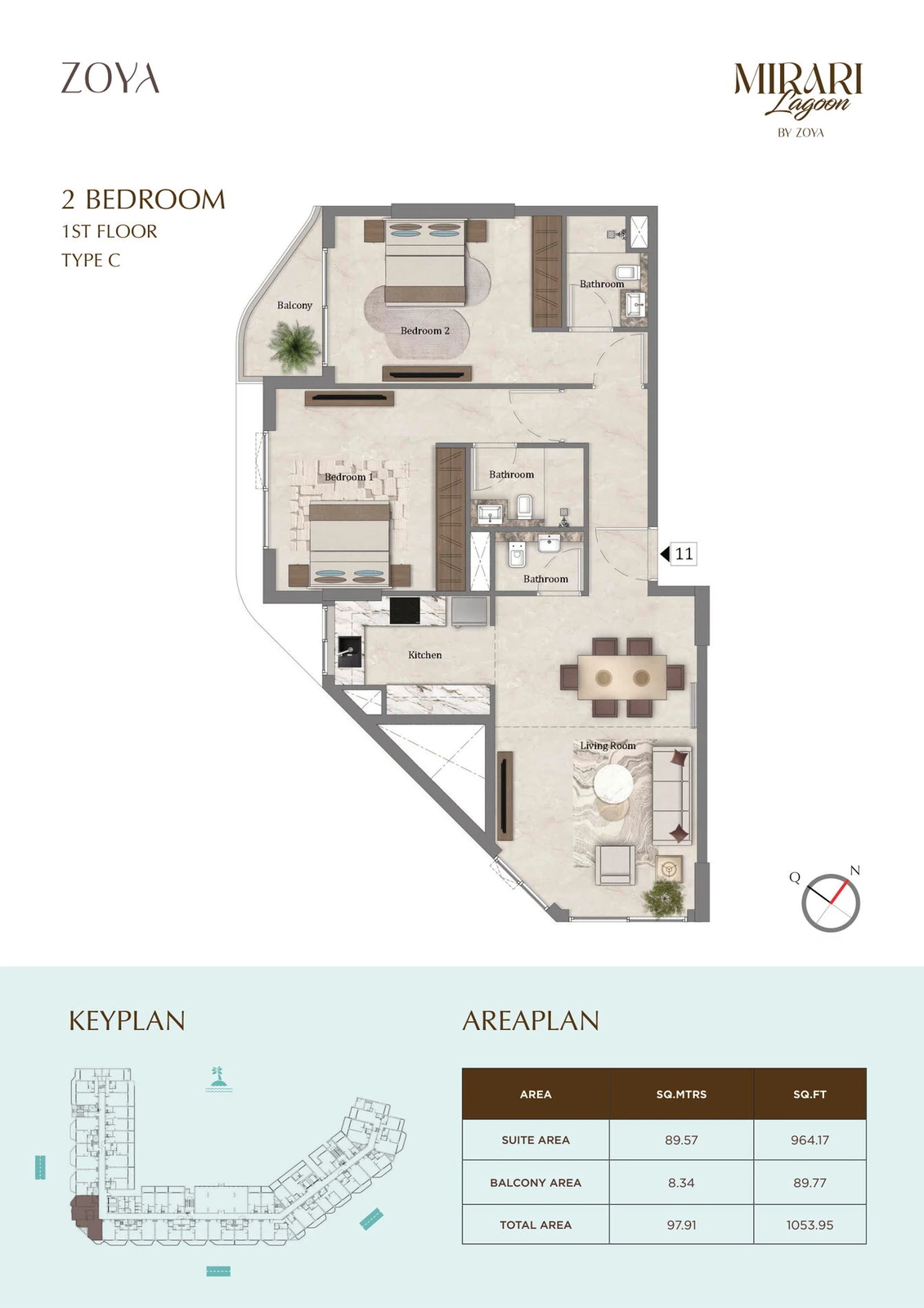 Mirari Lagoon 2 bedroom apartment Type C floor plan for First Floor, 1,053.95 sq ft