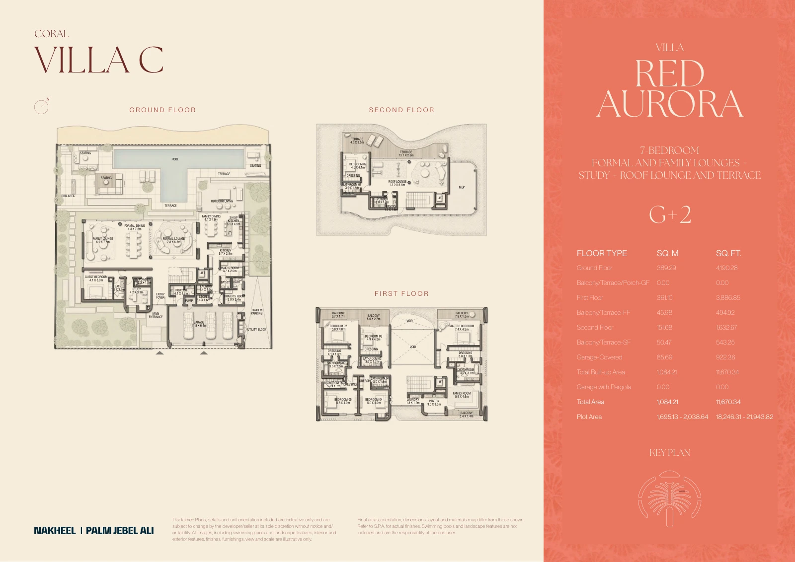 Palm Jebel Ali - The Beach and Coral Collection Frond F 7-bedroom Red Aurora villa Ground, First and Second Floors floor plan, 11,670.34 sq ft.