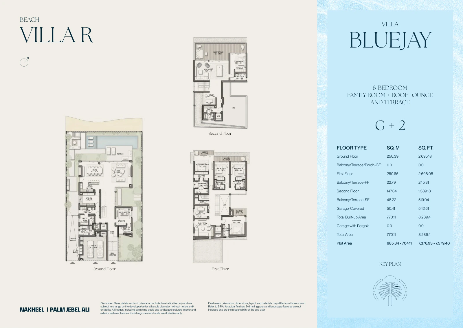 Palm Jebel Ali - The Beach and Coral Collection Frond F 6-bedroom Bluejay villa Ground, First and Second Floors floor plan, 8,289.40 sq ft.