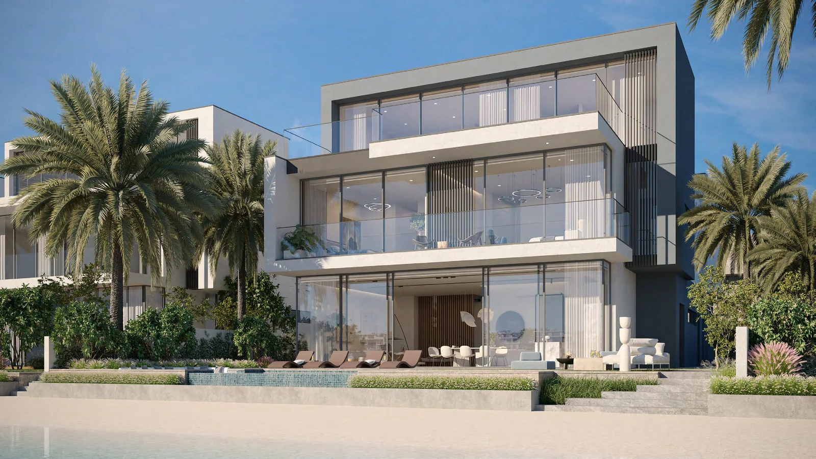 Beachfront exterior of the Cyan Sky villa at Palm Jebel Ali Frond F.