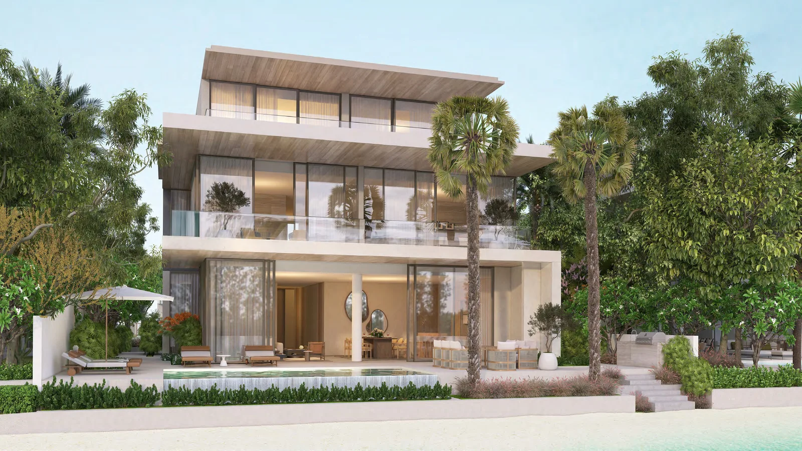 Beachfront exterior of the Wave Crest villa at Palm Jebel Ali Frond F.