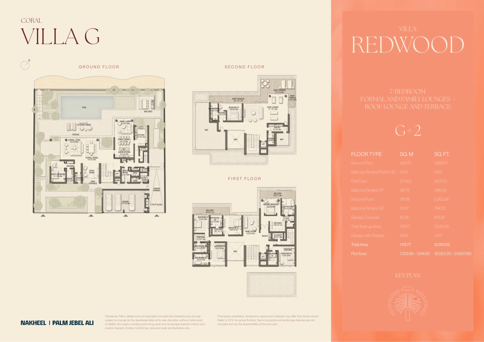 Palm Jebel Ali - The Beach and Coral Collection Frond F 7-bedroom Redwood villa Ground, First and Second Floors floor plan, 12,010.05 sq ft.