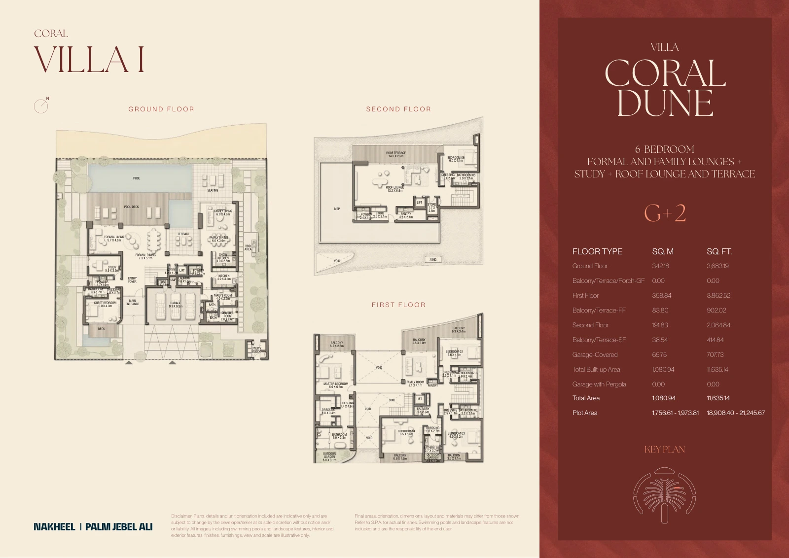 Palm Jebel Ali - The Beach and Coral Collection Frond F 6-bedroom Coral Dune villa Ground, First and Second Floors floor plan, 11,635.14 sq ft.