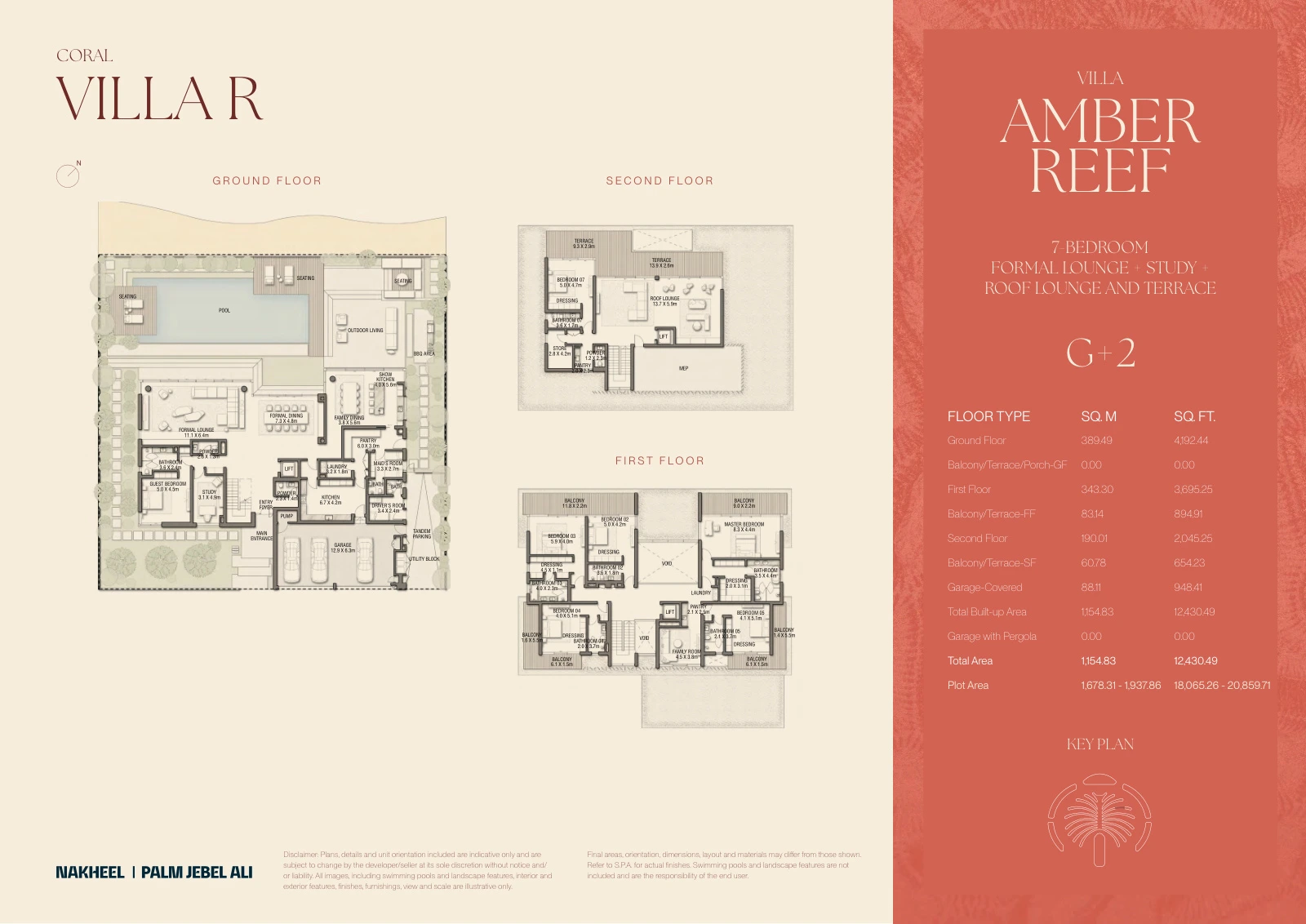Palm Jebel Ali - The Beach and Coral Collection Frond F 7-bedroom Amber Reef villa Ground, First and Second Floors floor plan, 12,430.49 sq ft.
