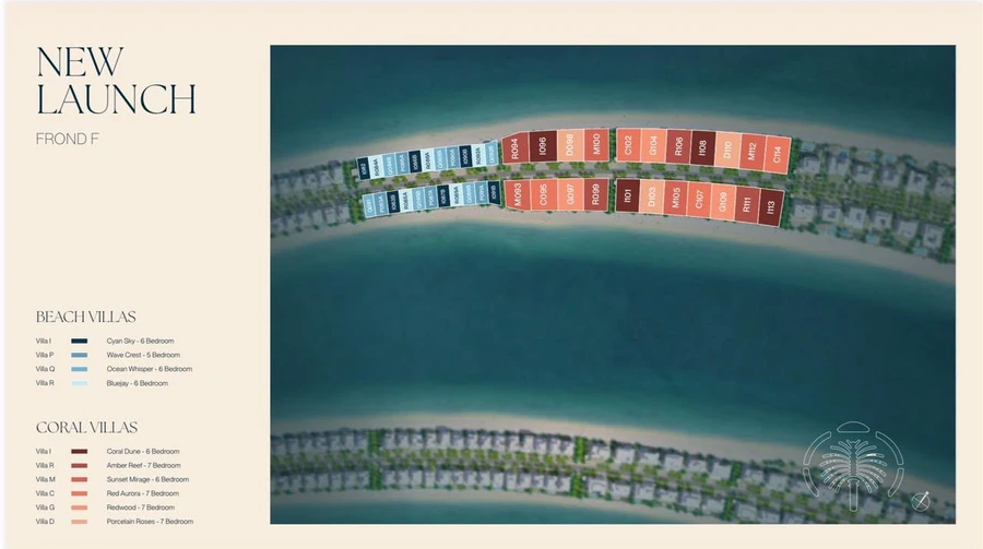 Palm Jebel Ali Frond F villa master plan showing Beach and Coral Collection plots and model codes.