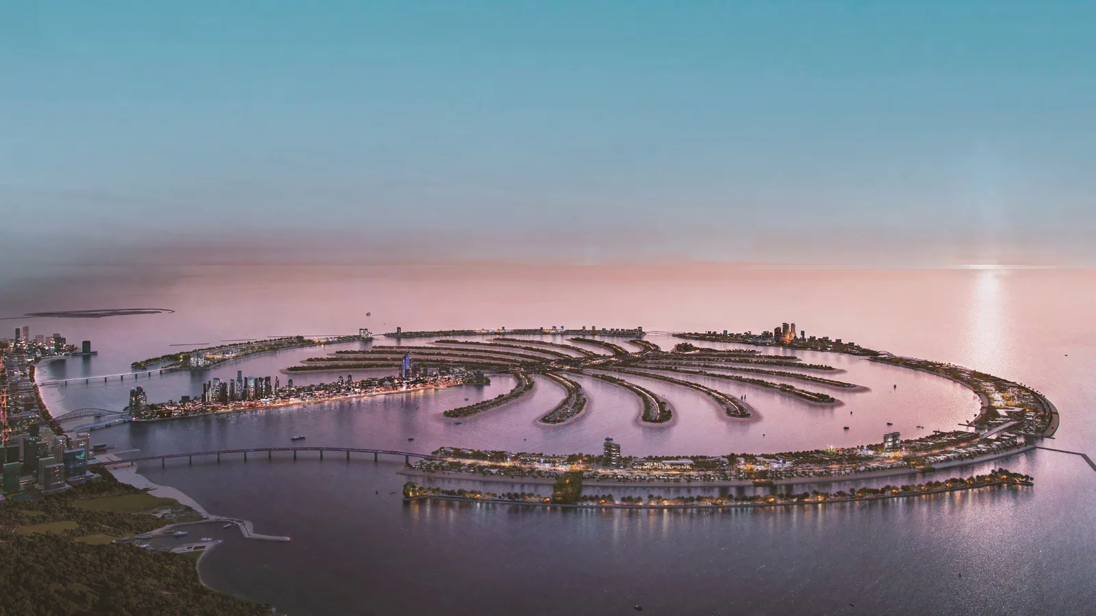 Aerial view of Palm Jebel Ali and its waterfront fronds.