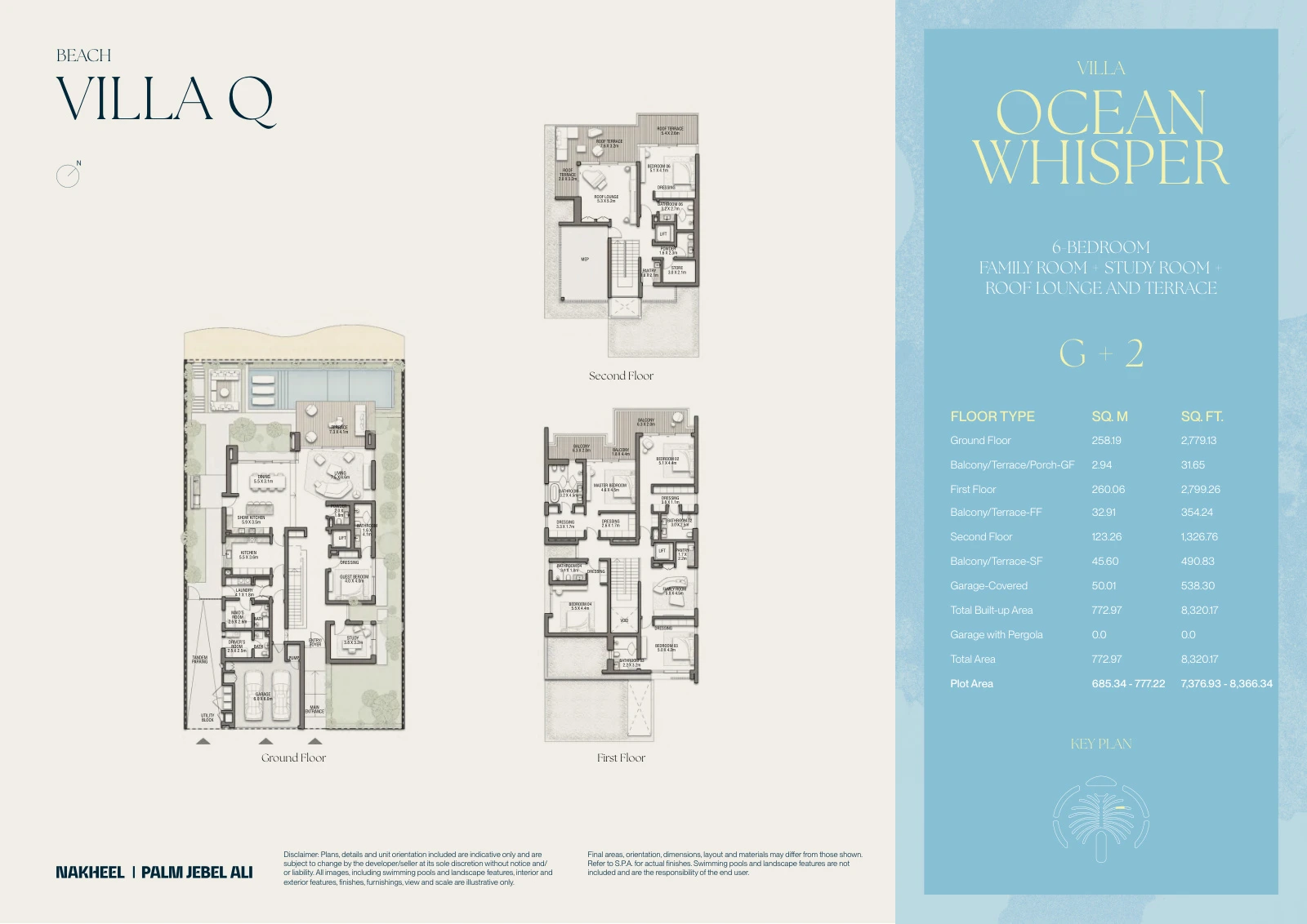 Palm Jebel Ali - The Beach and Coral Collection Frond F 6-bedroom Ocean Whisper villa Ground, First and Second Floors floor plan, 8,320.17 sq ft.