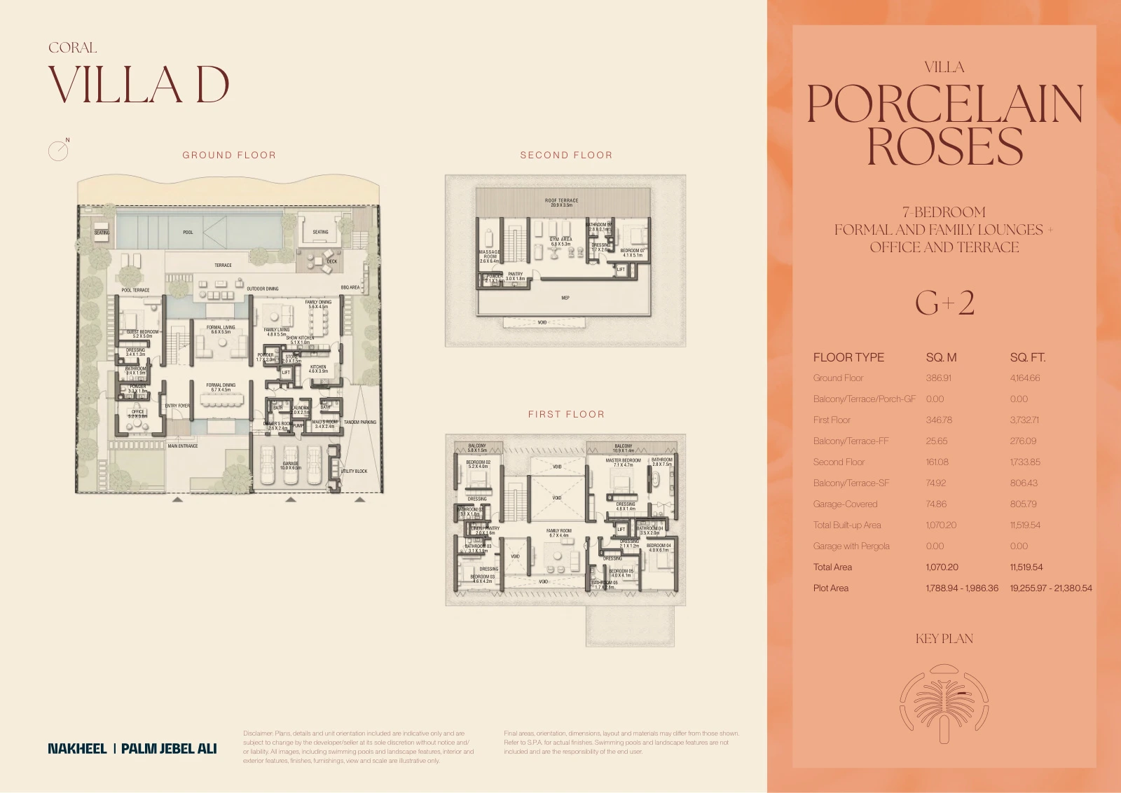 Palm Jebel Ali - The Beach and Coral Collection Frond F 7-bedroom Porcelain Roses villa Ground, First and Second Floors floor plan, 11,519.54 sq ft.