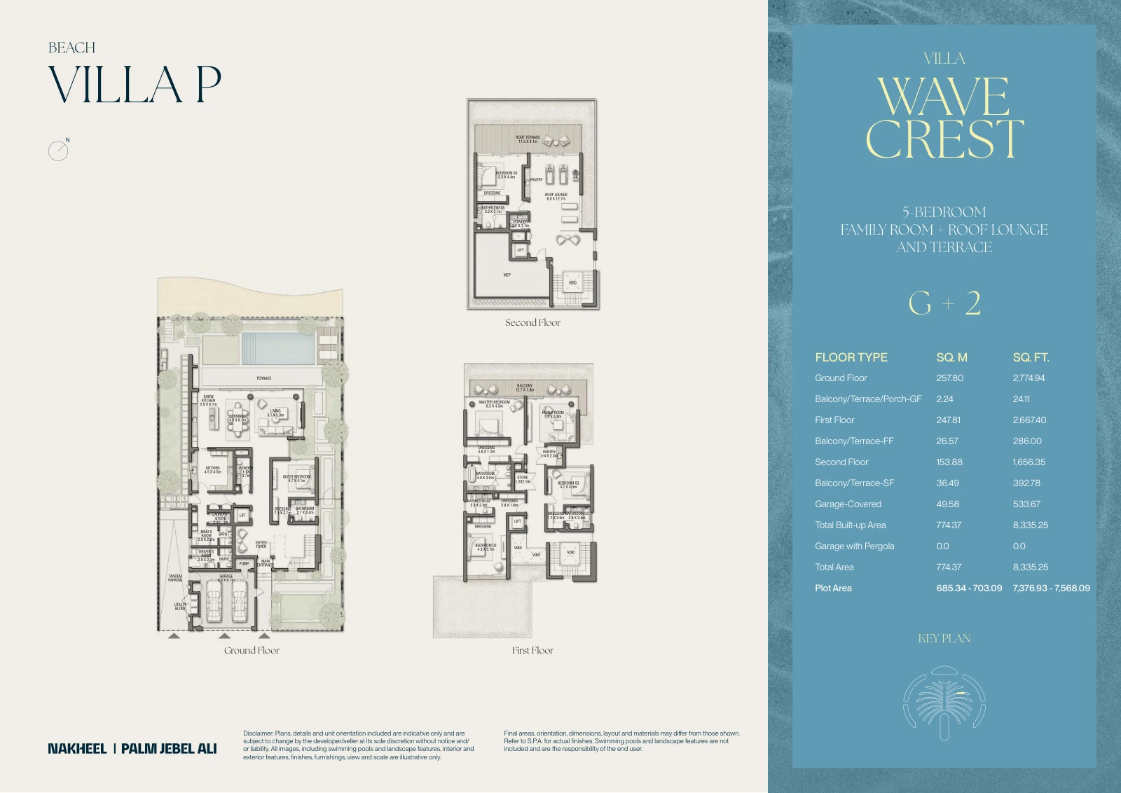 Palm Jebel Ali - The Beach and Coral Collection Frond F 5-bedroom Wave Crest villa Ground, First and Second Floors floor plan, 8,335.25 sq ft.