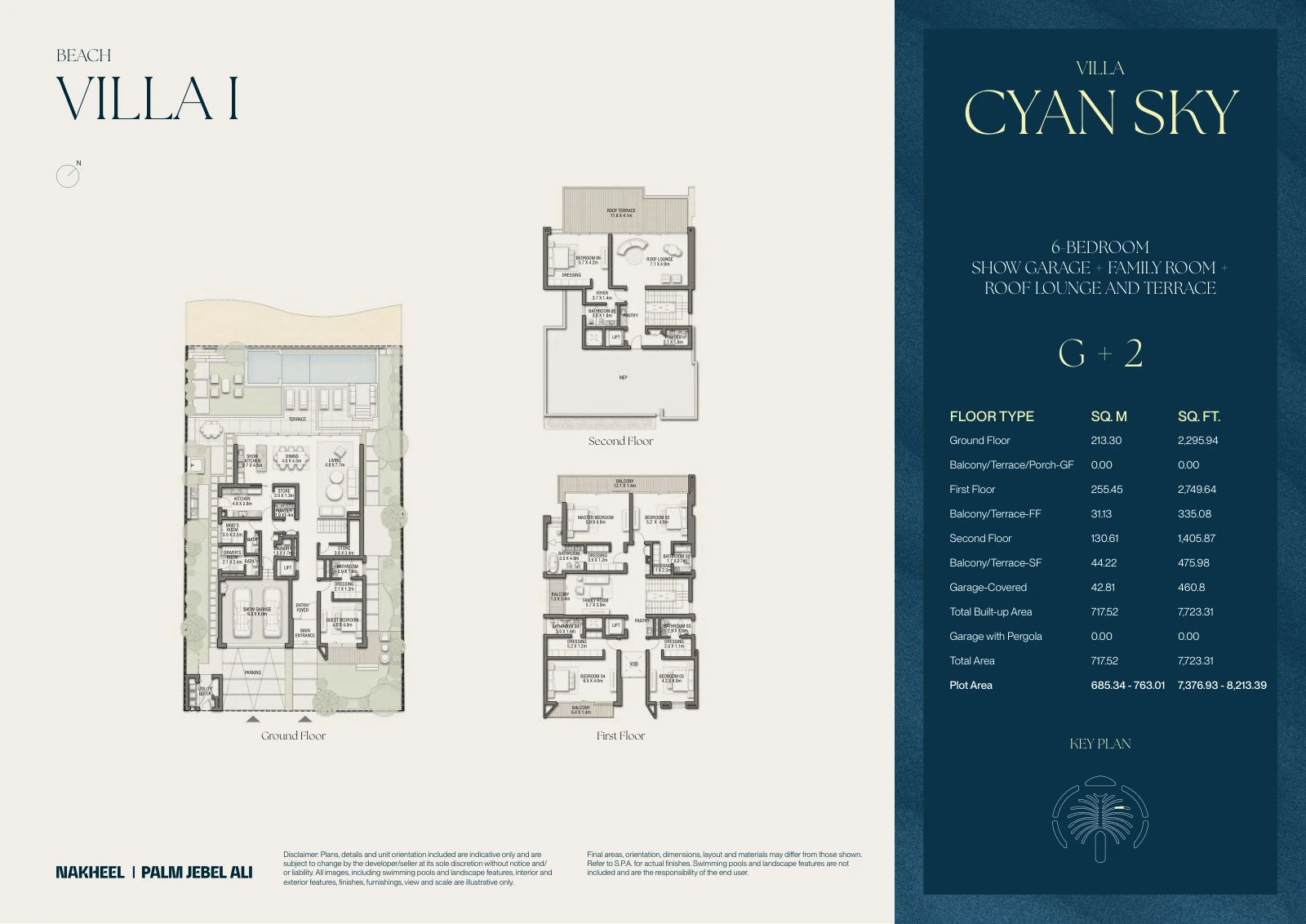 Palm Jebel Ali - The Beach and Coral Collection Frond F 6-bedroom Cyan Sky villa Ground, First and Second Floors floor plan, 7,723.31 sq ft.