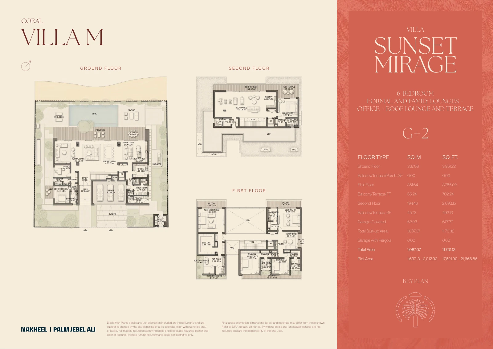 Palm Jebel Ali - The Beach and Coral Collection Frond F 6-bedroom Sunset Mirage villa Ground, First and Second Floors floor plan, 11,701.12 sq ft.