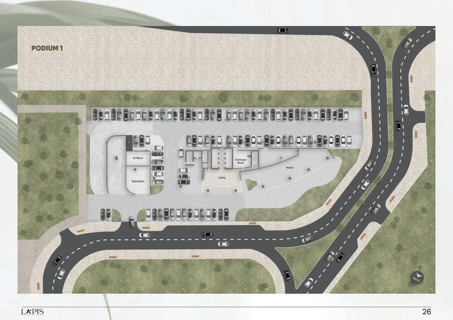 Azure by Lapis Podium 1 site plan showing the arrival roads, parking, lobby and retail footprint