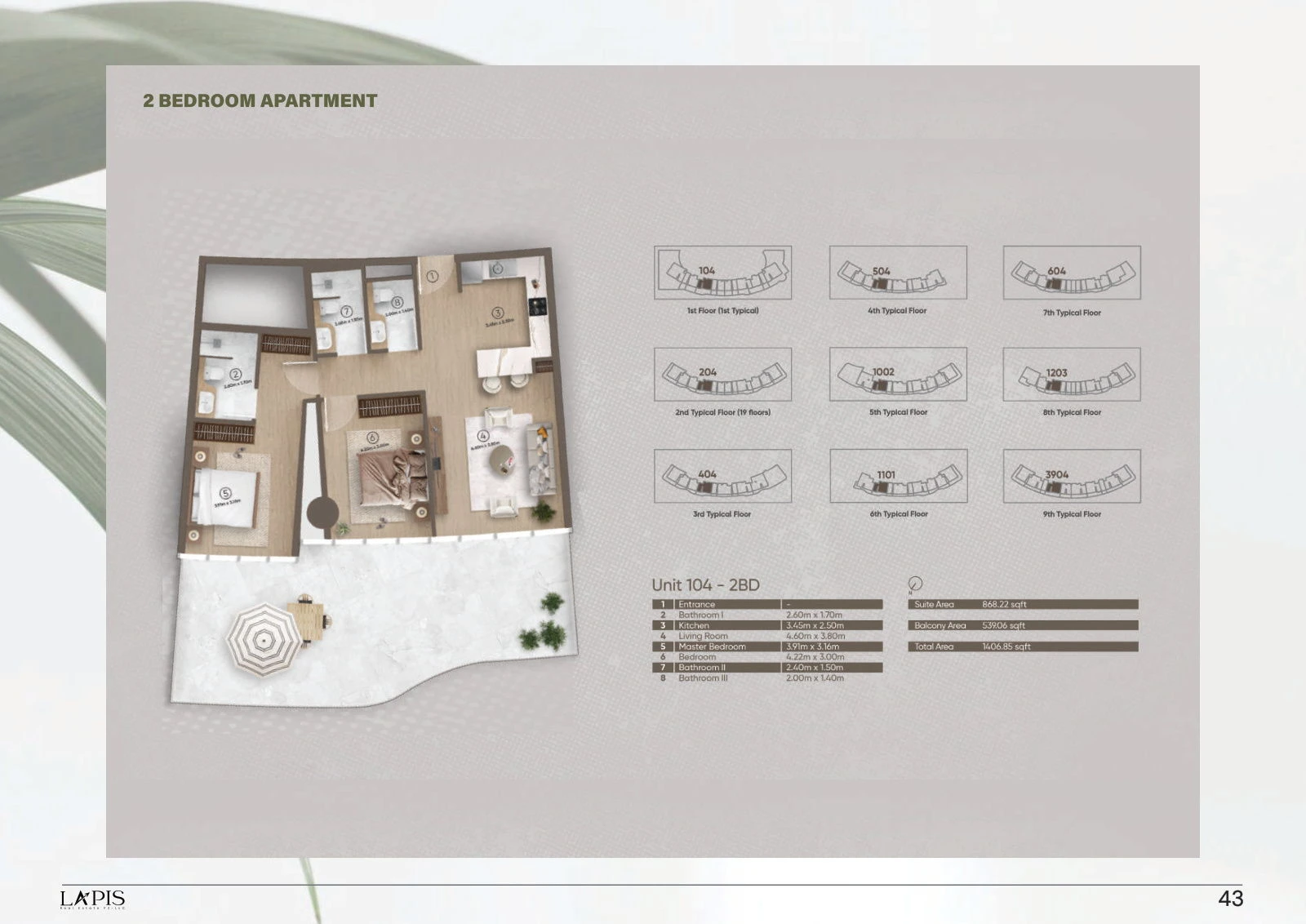 Azure by Lapis 2-bedroom standard apartment floor plan, 1,406.85 sq ft
