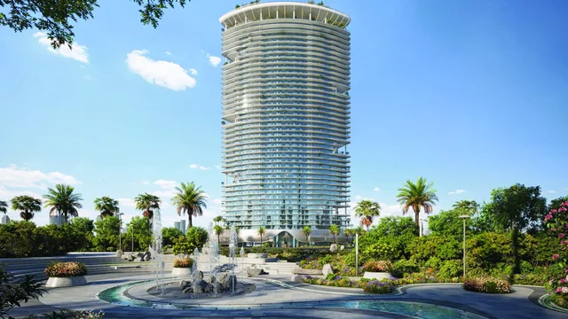 Azure by Lapis tower exterior rising above the landscaped arrival plaza