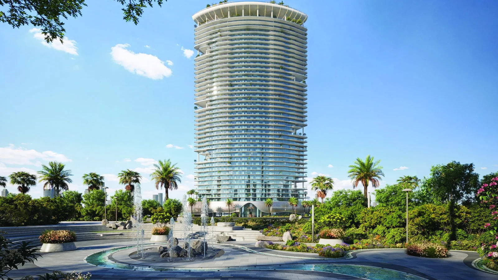 Azure by Lapis tower exterior rising above the landscaped arrival plaza