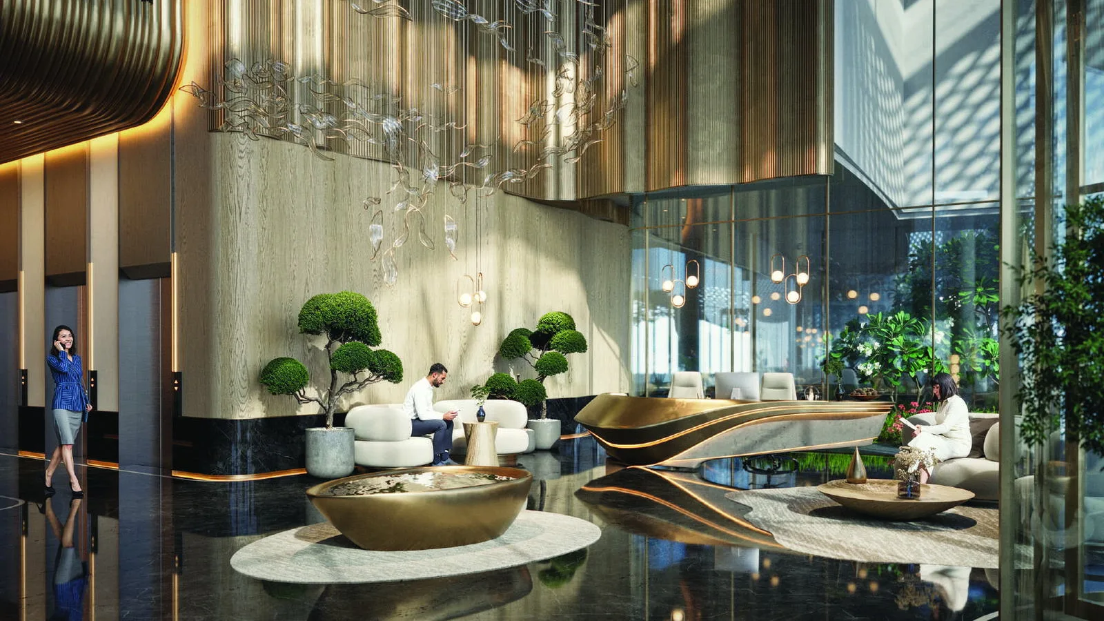 Azure by Lapis double-height lobby with sculptural lighting and lounge seating