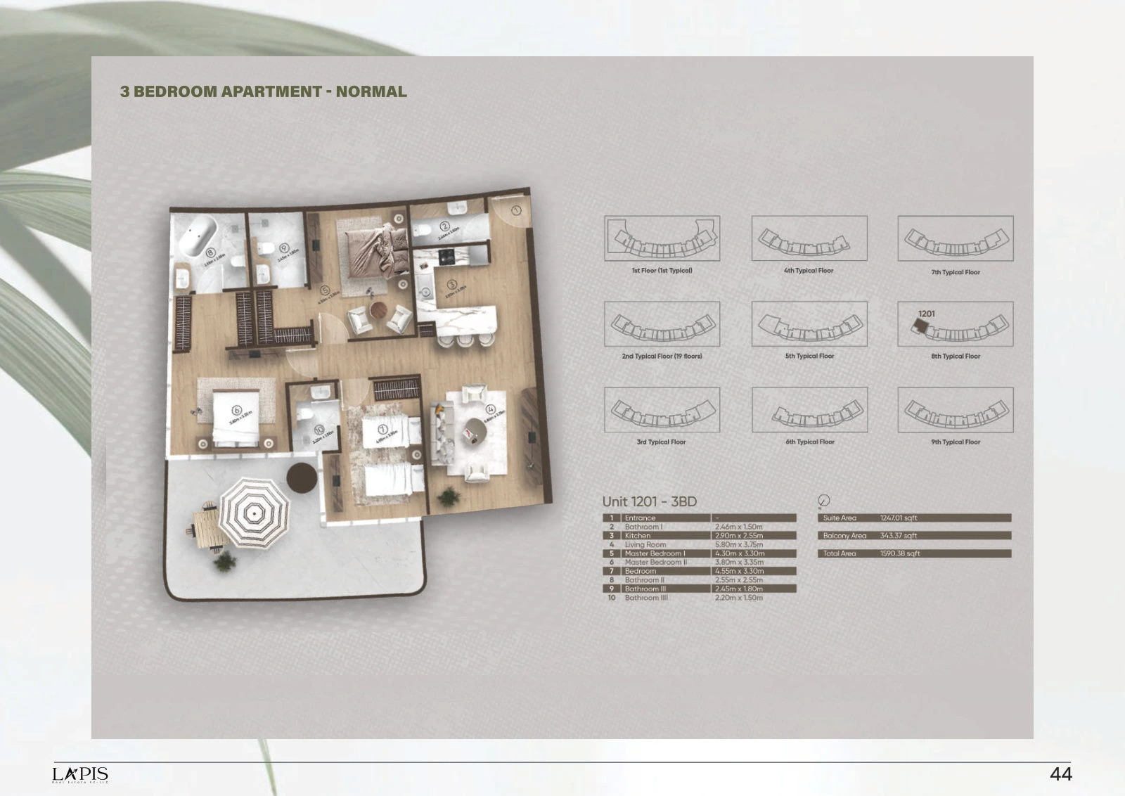 Azure by Lapis 3-bedroom standard apartment floor plan, 1,590.38 sq ft