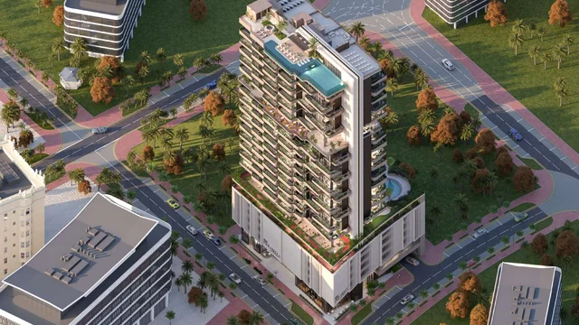 Aerial exterior view of Mak I'Sola Bella and its landscaped amenity levels in Jumeirah Village Circle