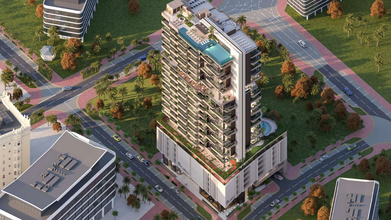 Aerial exterior view of Mak I'Sola Bella and its landscaped amenity levels in Jumeirah Village Circle