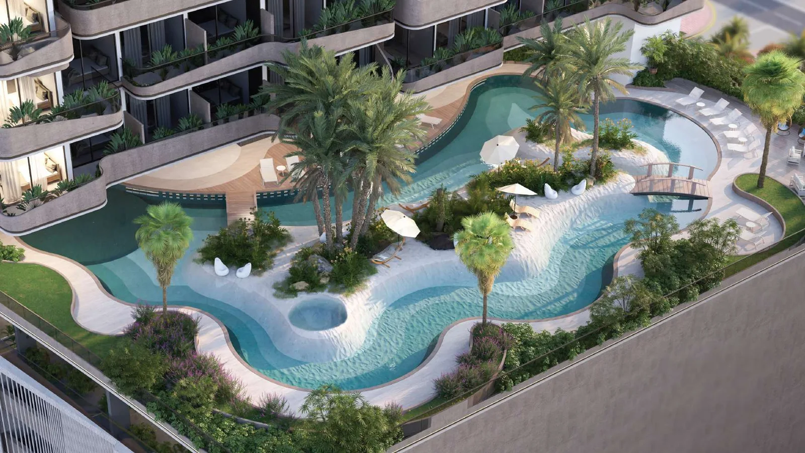 Mak I'Sola Bella island pool with landscaped deck, palms and beach-style edges