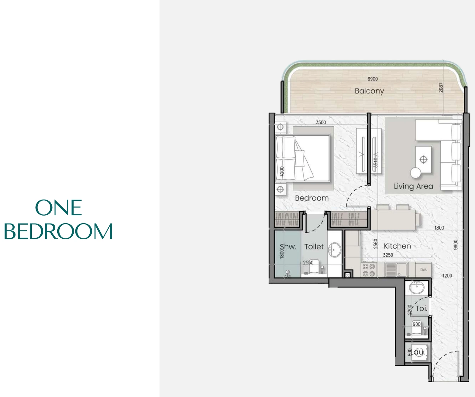 Mak I'Sola Bella 1-bedroom apartment floor plan, 729-750 sq ft