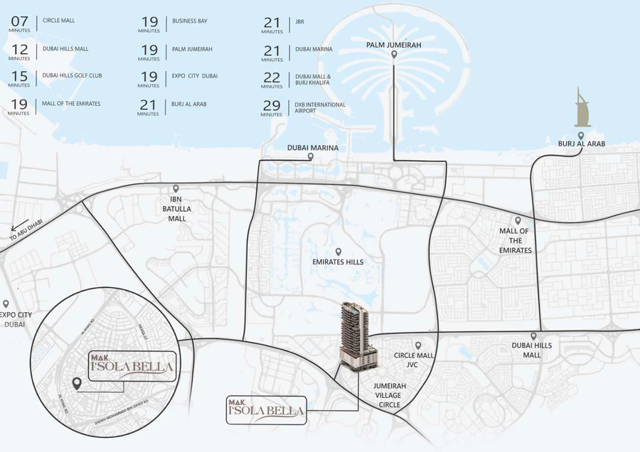Mak I'Sola Bella location map in Jumeirah Village Circle with road connections and journey times to Dubai destinations