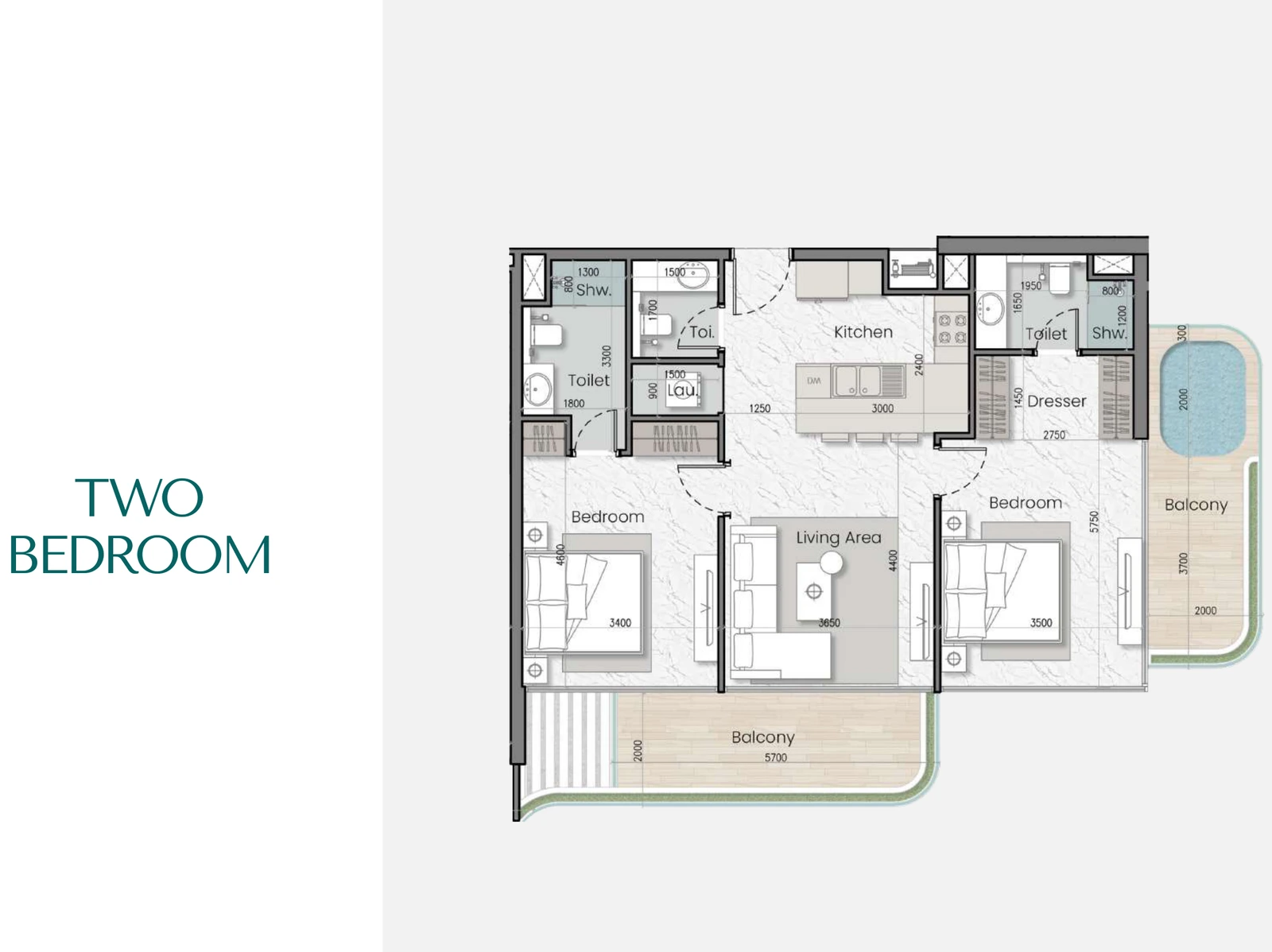 Mak I'Sola Bella 2-bedroom apartment floor plan, 1,115-1,125 sq ft