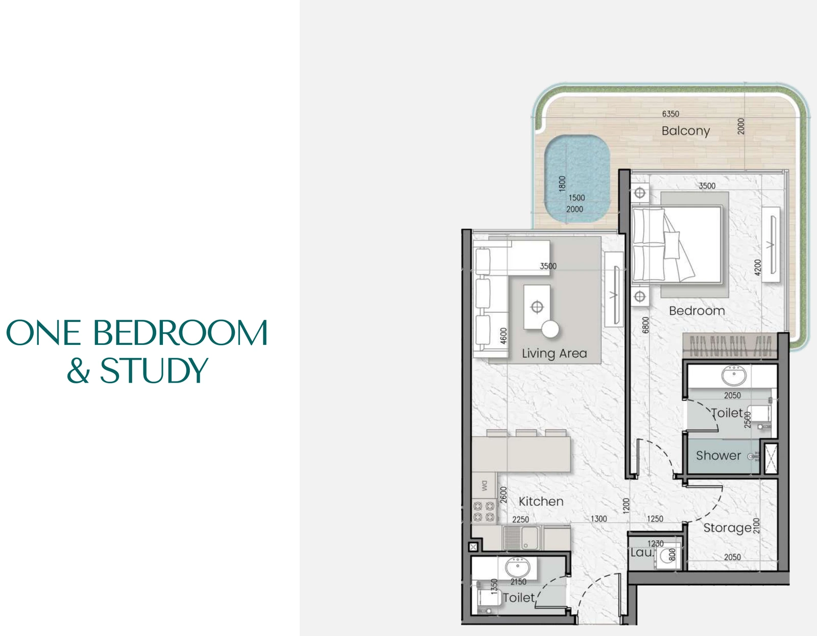 Mak I'Sola Bella 1 Bedroom With Study apartment floor plan, 870-890 sq ft
