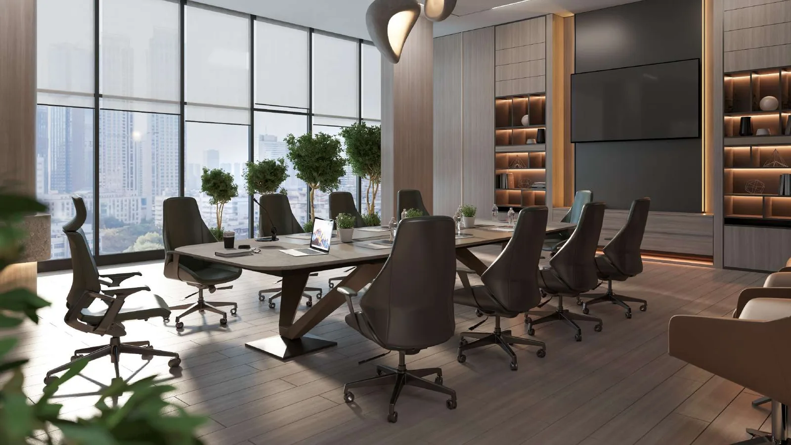 Mak I'Sola Bella business lounge with meeting table and floor-to-ceiling windows