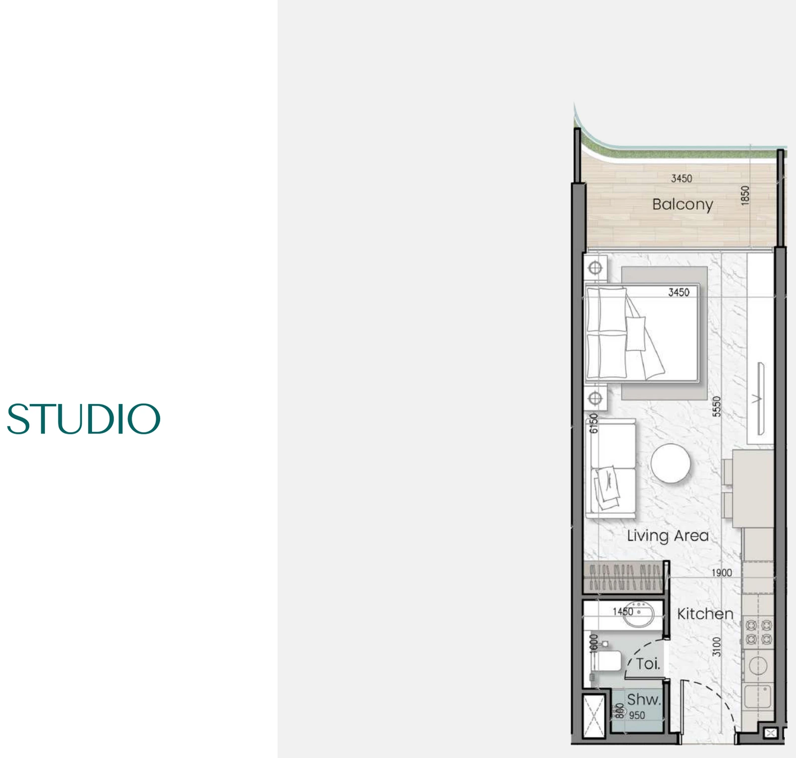Mak I'Sola Bella studio apartment floor plan, 410-415 sq ft
