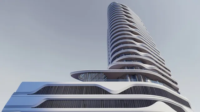 Flow 25 tower exterior on Al Reem Island with curved terraces and illuminated facade lines