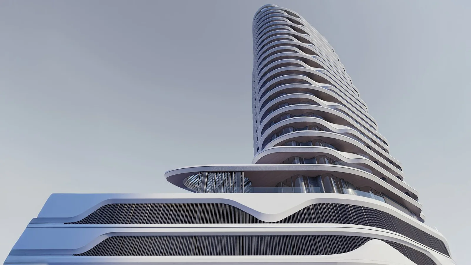 Flow 25 tower exterior on Al Reem Island with curved terraces and illuminated facade lines