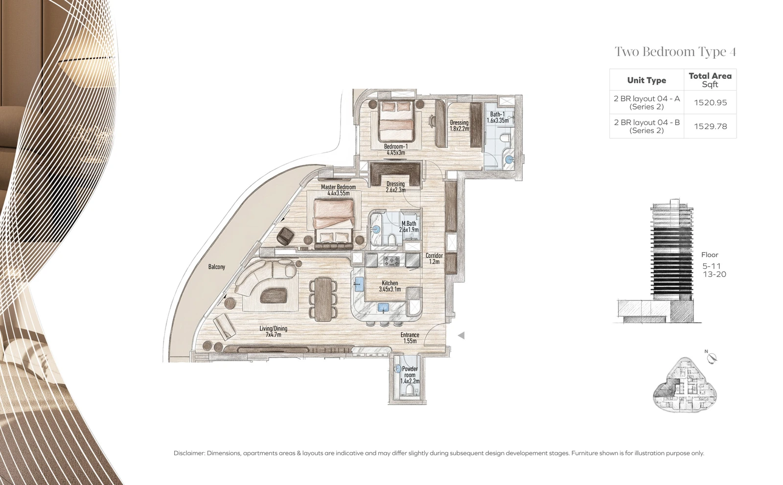 Flow 25 2-bedroom Type 4 apartment floor plan in the Flow 25 tower, 1,520.95-1,529.78 sq ft