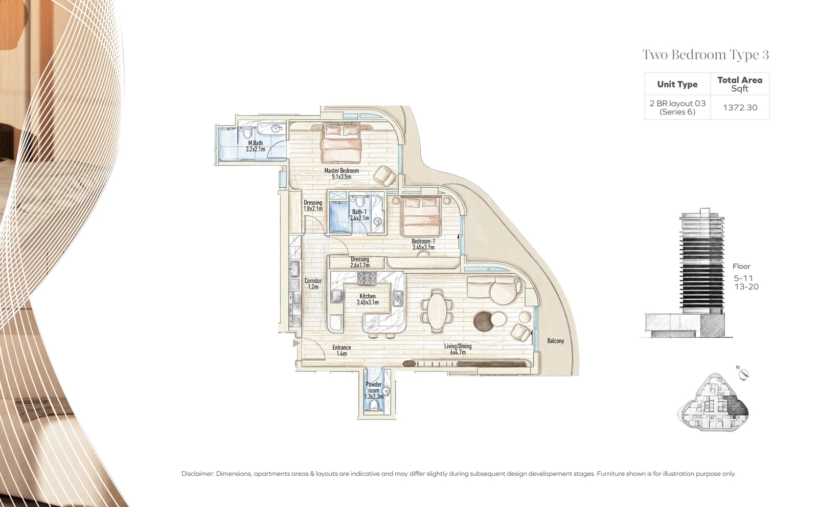 Flow 25 2-bedroom Type 3 apartment floor plan in the Flow 25 tower, 1,372.30 sq ft