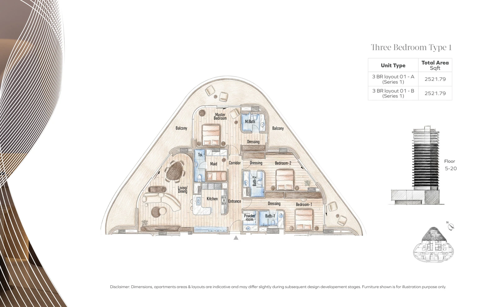 Flow 25 3-bedroom Type 1 apartment floor plan in the Flow 25 tower, 2,521.79 sq ft