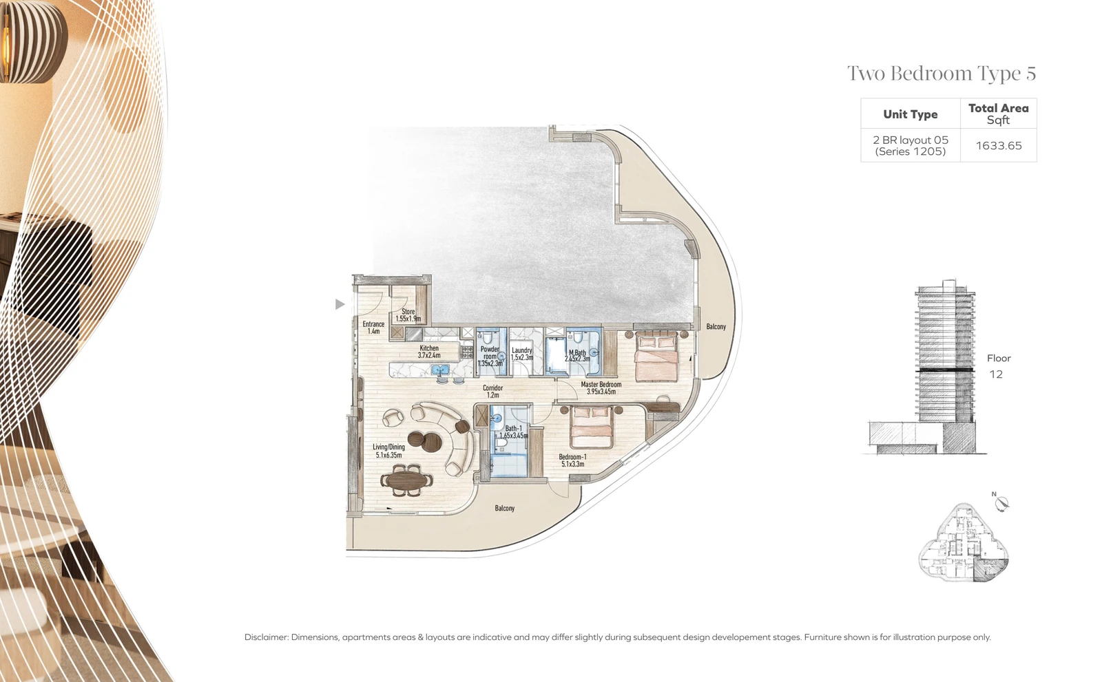 Flow 25 2-bedroom Type 5 apartment floor plan in the Flow 25 tower, 1,633.65 sq ft