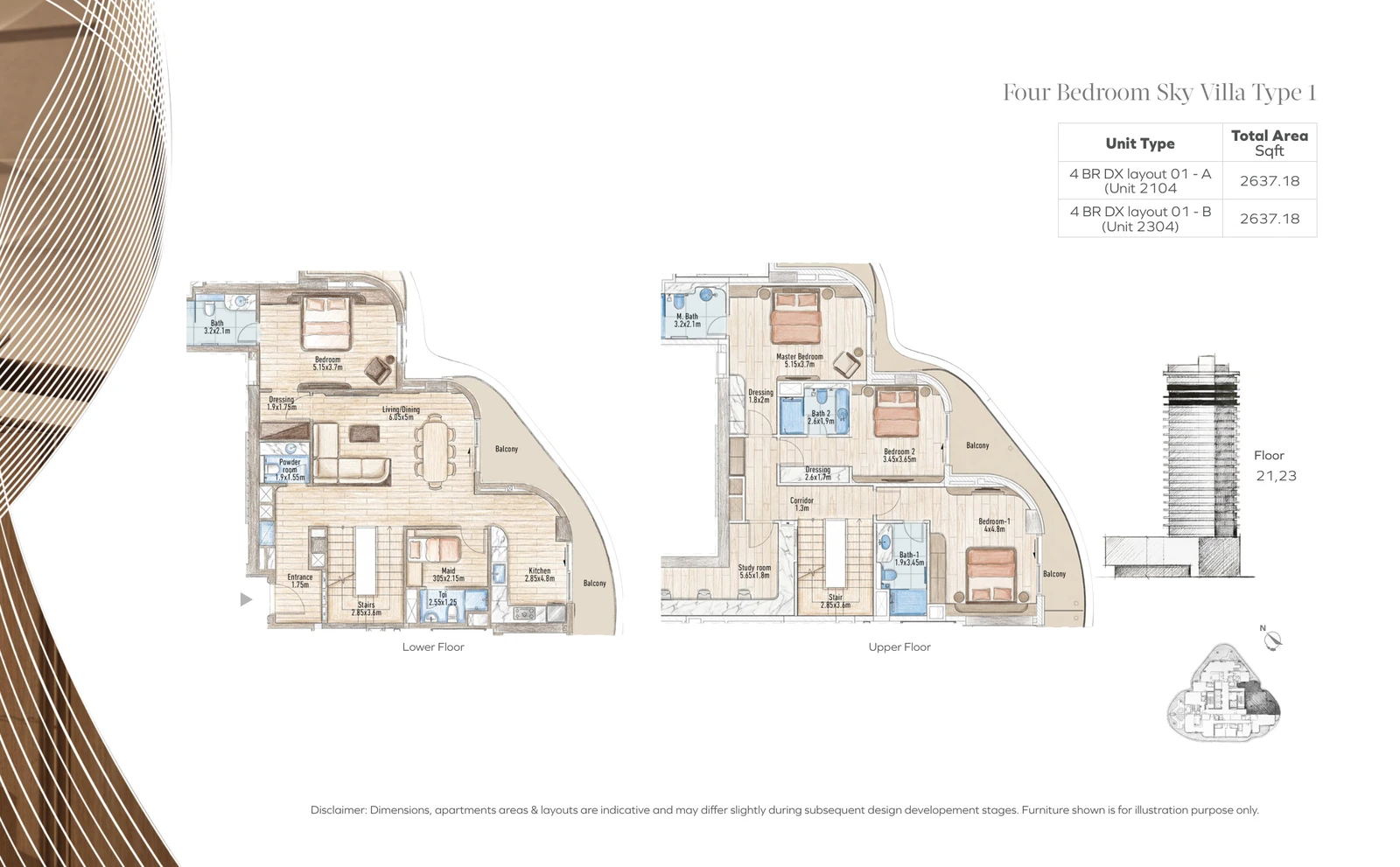 Flow 25 4 Bedroom Sky Villa Type 1, Lower and Upper Floors shown as floor plans in the Flow 25 tower, 2,637.18 sq ft