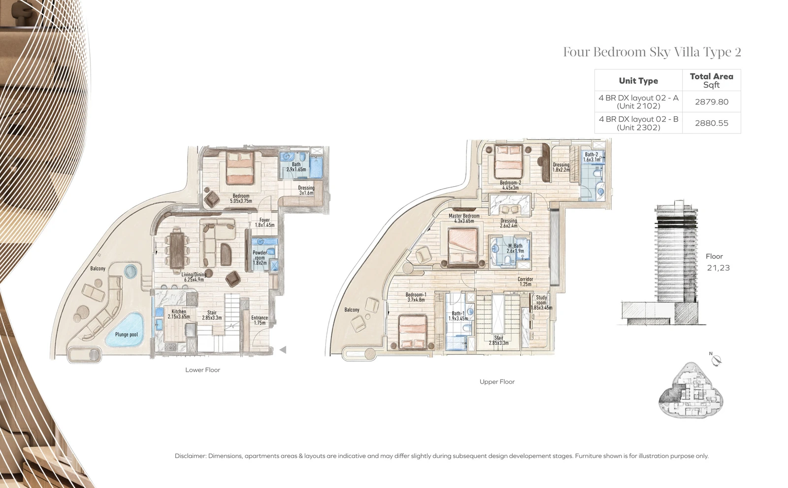 Flow 25 4 Bedroom Sky Villa Type 2, Lower and Upper Floors shown as floor plans in the Flow 25 tower, 2,879.80-2,880.55 sq ft