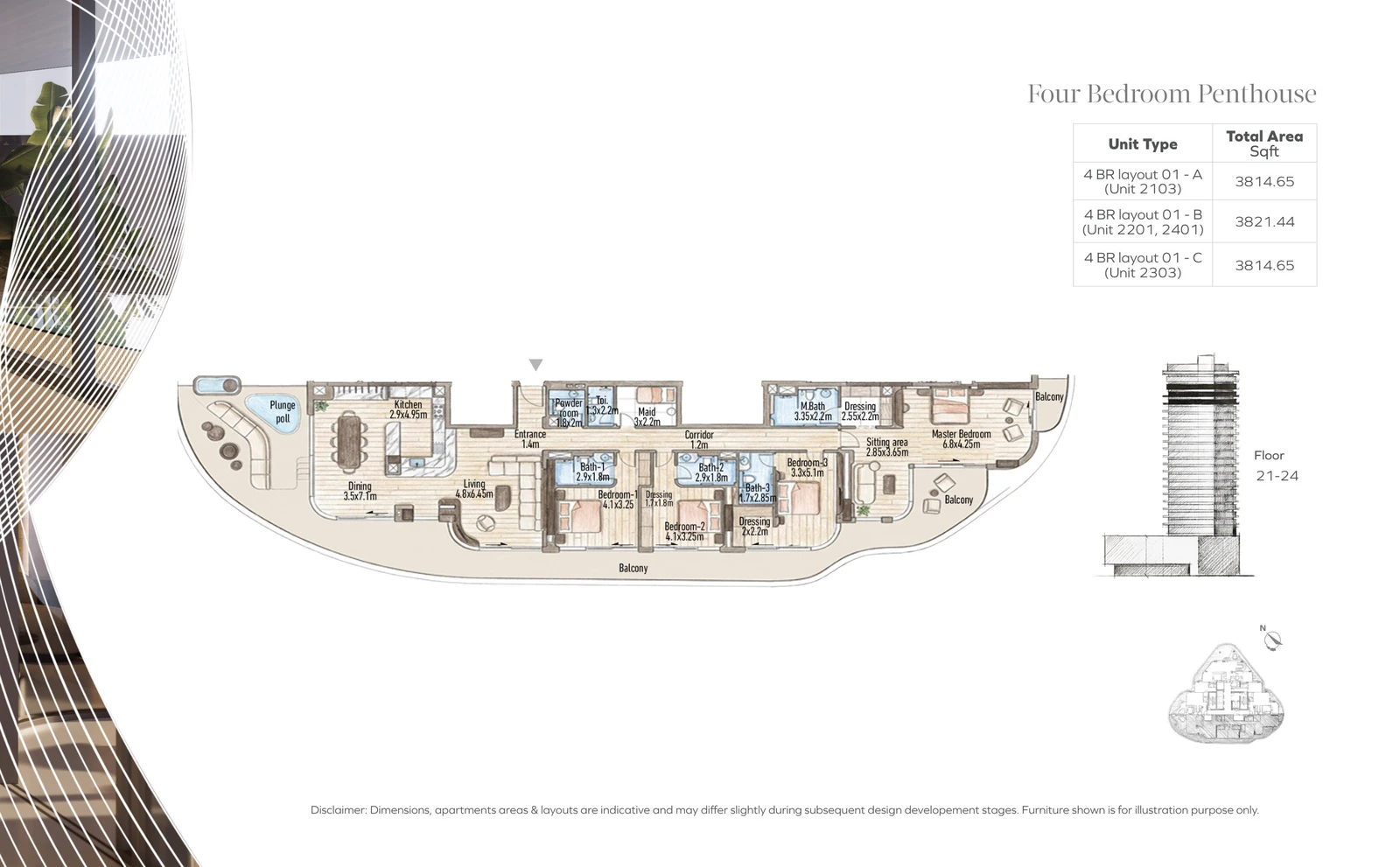 Flow 25 4 Bedroom Penthouse Type 1 floor plan in the Flow 25 tower, 3,814.65-3,821.44 sq ft