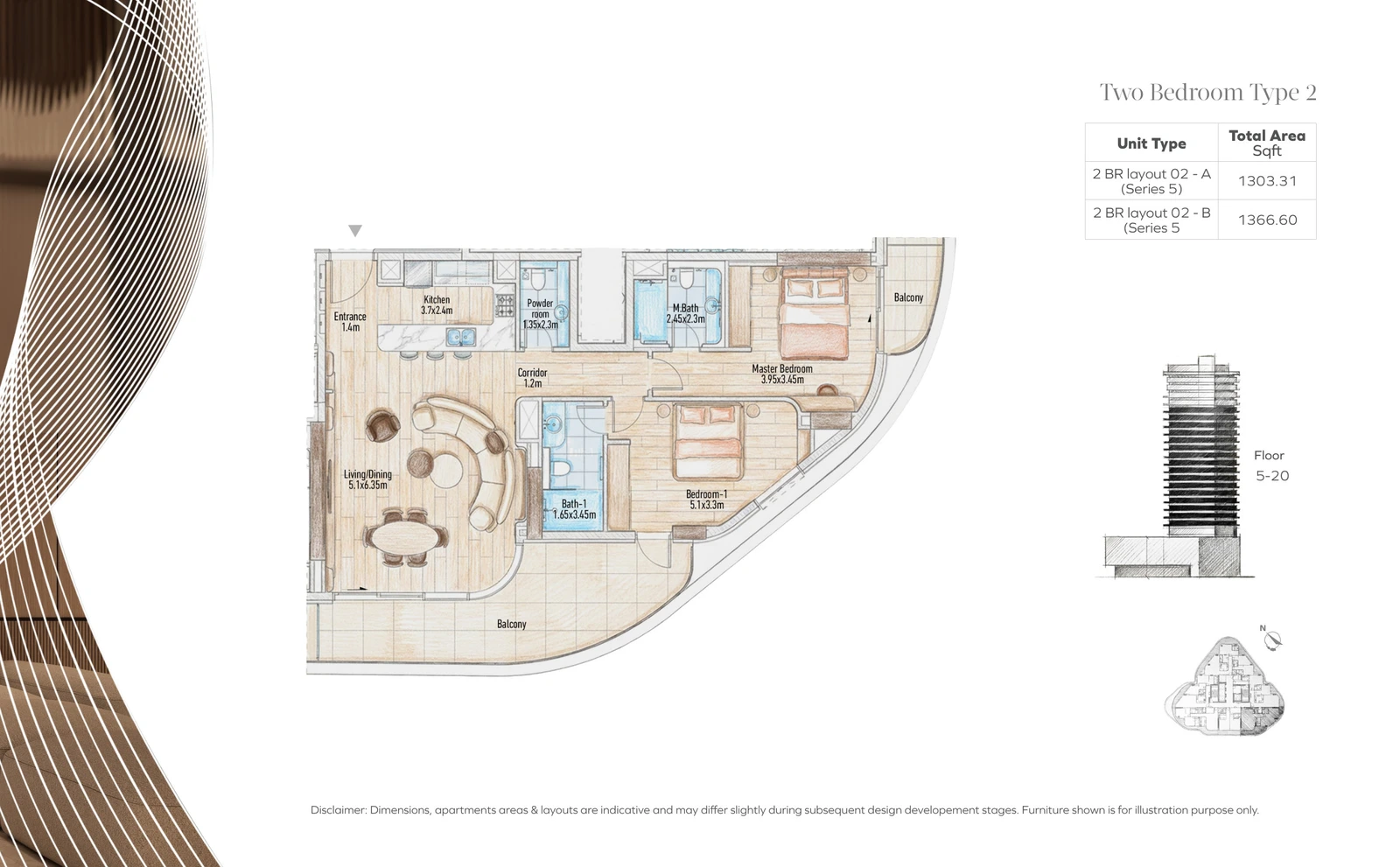 Flow 25 2-bedroom Type 2 apartment floor plan in the Flow 25 tower, 1,303.31-1,366.60 sq ft